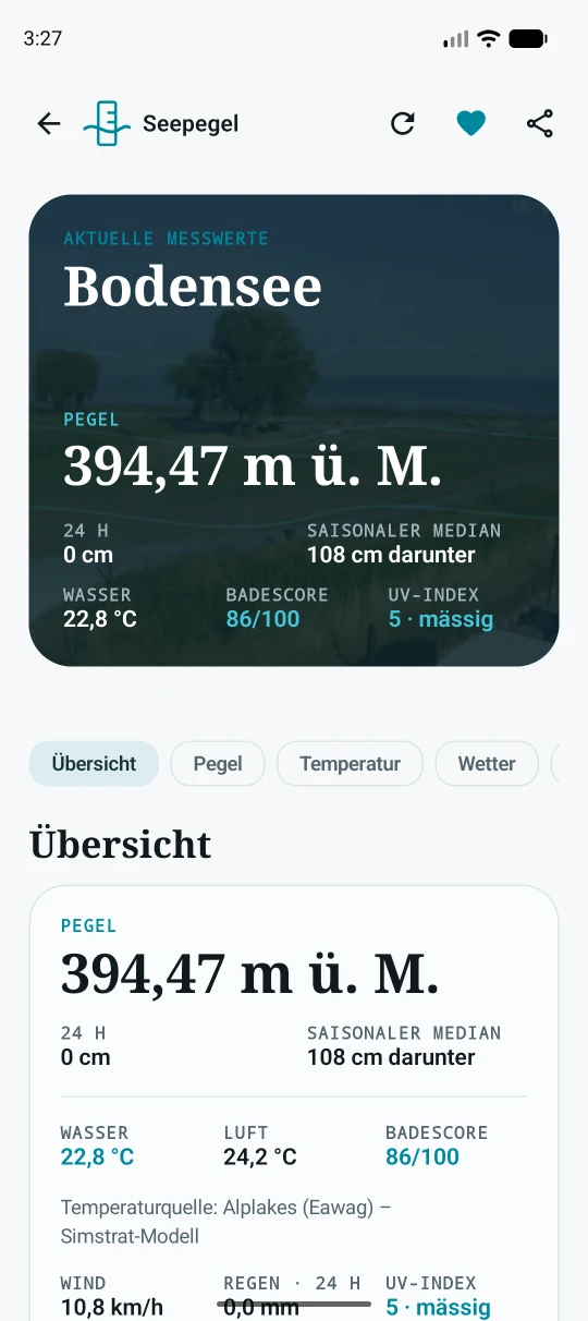 Seepegel Android-App: Detailansicht eines Sees mit Wasserstand und Temperatur