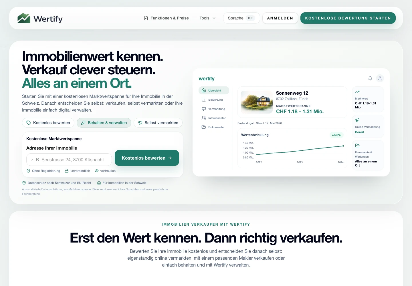 Startseite von Wertify mit Immobilienbewertung und Beispiel des Objekt-Cockpits